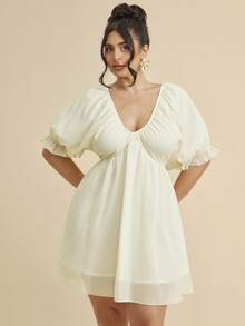 SHEIN BAE Vestido de mujer talla grande con cuello en V, mangas con volantes y dobladillo corto acampanado - Multicolor - Ver 3