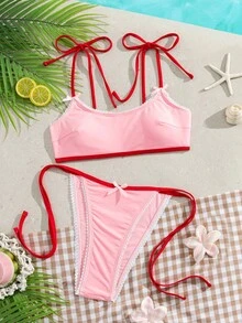 Swim Mod 2026 Spring Summer New Fashionable Solid Color Fabric Cute Backless Women's Spaghetti Strap Bikini Two Pieces Swimwear Set Beach Party Pink Sexy - Pink - View 2