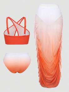 Slaydiva Plus Size Vacation Beach Gradient Bikini Swimsuit With Ruffle Cover-Up Skirt Set - Multicolor - View 9
