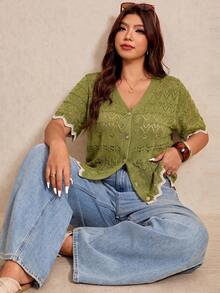 Elaquor Plus Size Vacation Casual Colorblock Trim Hollow Out Knit Cardigan Fall - Green - View 1