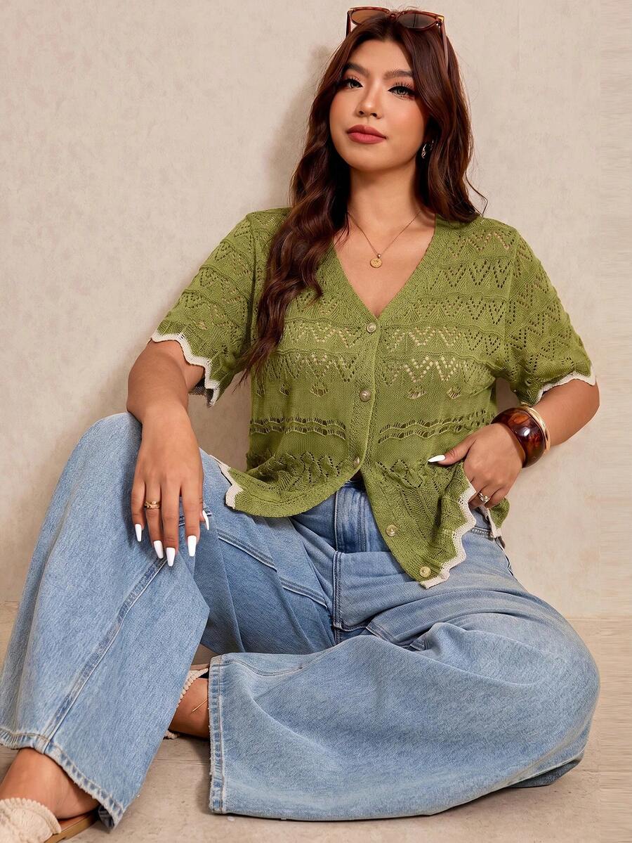 Elaquor Plus Size Vacation Casual Colorblock Trim Hollow Out Knit Cardigan Fall - Green - View 1