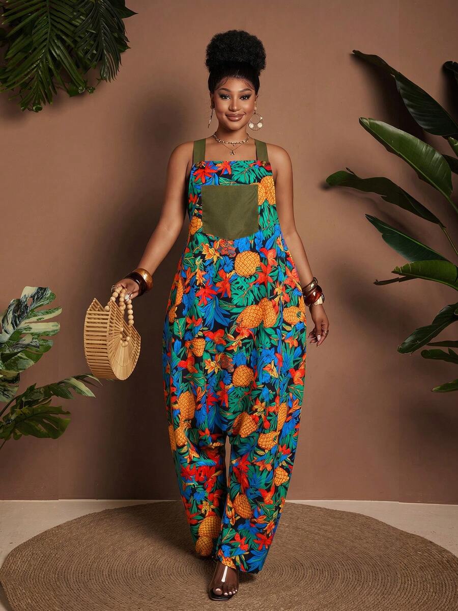 Maweii Women's Plus Size Summer Boho Vacation Holiday Navy Blue Jumpsuit,Casual Sleeveless Patchwork Printed Loose Harem Pocket Adjustable Shoulder Straps - Multicolor - View 1
