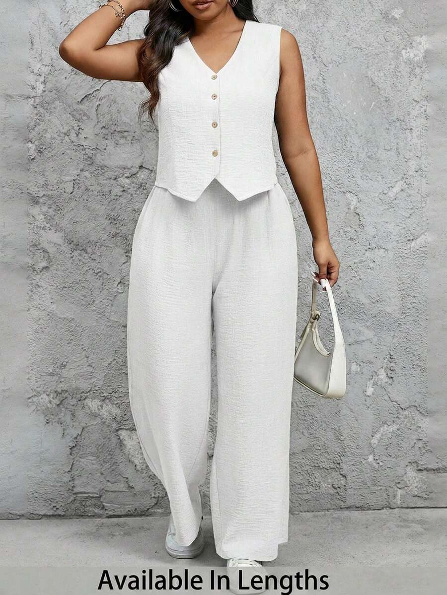 SHEIN Tall CURVE 大码纹理单排扣马甲和宽松阔腿裤休闲两件套 - 白色 - 查看 1