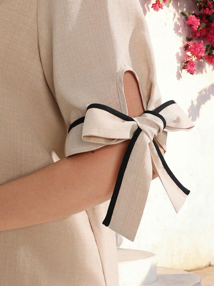 Plus Size Women's Contrast Trim Round Neck Pullover Dress,Summer Outfits For Women ,Going Out Outfits,Vacation Outfits Women,Summer Holiday Outfits,Holiday Dresses ,Casual Dresses For Women ,Khaki Long Skirt,Color-Blocked Bow Cuffs On The Dress