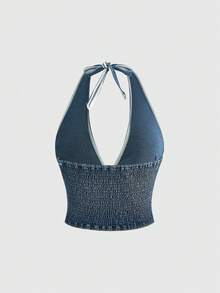 ROMWE Kawaii Plus Size Women Summer Halter Backless Tie Knot Denim Crop Top - Blue - View 3