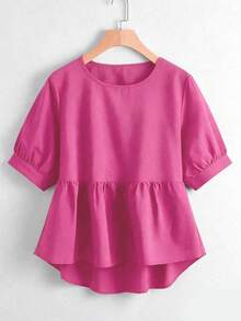 EMERY ROSE Solid High Low Peplum Blouse Peplum Top - Hot Pink - View 3