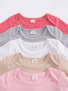 SHEIN Bộ 5 món áo liền quần cổ tròn màu trơn mềm mại và thoải mái cho bé gái, kiểu dáng thời trang thường ngày, dễ mặc vào/cởi ra, phù hợp cho mùa xuân/hè. - Nhiều màu - Xem 4