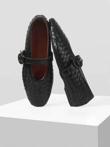 MOTF ZAPATOS PLANOS ELEGANTES Y VERSÁTILES PARA MUJERES, DE COLOR NEGRO TEJIDO CON HEBILLA AJUSTABLE - Negro - Ver 4