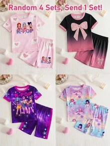 SHEIN 2件套 女童针织可爱图案圆领修身T恤和短裤睡衣套装 - 彩色 - 查看 4