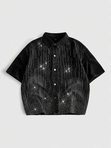 ROMWE MEN Street Life Áo sơ mi denim nam kiểu dáng thường ngày, đính đá lấp lánh, thích hợp cho mùa hè. - màu đen - Xem 1