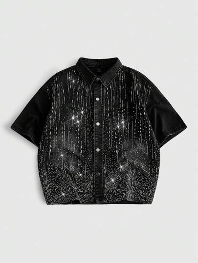 ROMWE MEN Street Life Men's Casual Rhinestone Embellished Denim Shirt, Summer
