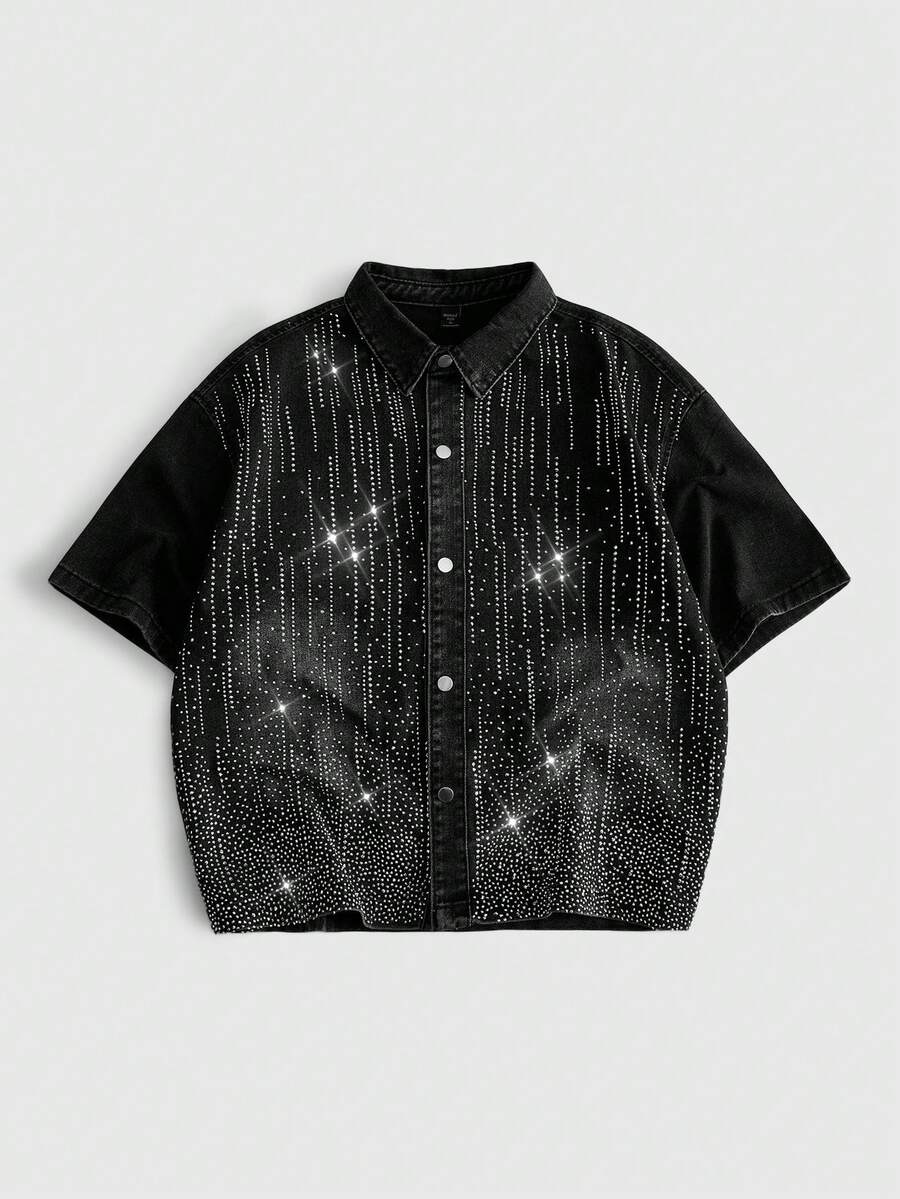 ROMWE MEN Street Life Áo sơ mi denim nam kiểu dáng thường ngày, đính đá lấp lánh, thích hợp cho mùa hè. - màu đen - Xem 1