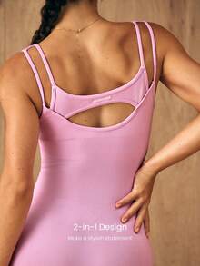 GLOWMODE 24" Ultrafine Soft Seamless Glow Ahead Ribbed Waist Removable Cups Sweetheart Neckline Bodysuit Medium Impact Training Running Workout Gym Wear - Pink - View 8