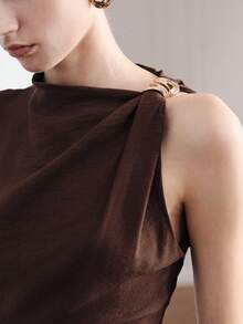 Aveloria Modichic Women's Asymmetrical Neckline T-Shirt,Brown And Gold Metal Ring Ruched Blouse,Slim Fit Worsted Knit Elegent Old Money Style,Summer Dinner Date Top - Brown - View 2