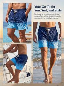 Manfinity Swimmode 男士休闲印花抽绳沙滩短裤 - 寶藍色 - 查看 6