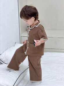 DAZY 2件套男童韩版休闲舒适家居服套装（衬衫和裤子） - 咖啡棕 - 查看 1