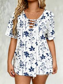 EMERY ROSE Plus Size Floral Print Drawstring Short Sleeve T-Shirt, Plus Size Tee For Summer - Multicolor - View 4