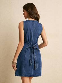 Poéselle Đầm denim không tay thắt eo dành cho nữ, trang phục thường ngày thoải mái cho kỳ nghỉ hè và đi làm. - Xám - Xem 2