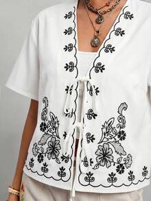 Travachic Plus Size Floral Embroidered Knotted Casual Short Sleeve Shirt - Multicolor - View 7