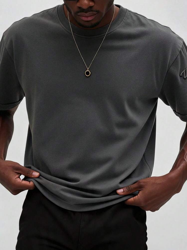 Men's Distressed Letter Print Short Sleeve T-Shirt, Dark Grey
