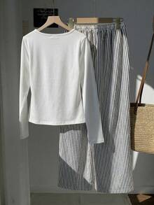 Comfortcana Women's Summer Blue And White Stripe 2-Piece Set,Casual Lounge Button Top & Embroidered Pants Outfit,Navy Blue Beach,Thanksgiving,Christmas Apparel - Navy Blue - View 2