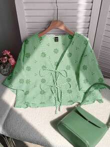 Comfortcana Áo sơ mi nữ cỡ lớn màu xanh lá cây kẻ caro thêu hoa, cổ nơ, chất liệu dệt kim. - màu xanh lá - Xem 6