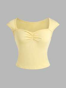 SHEIN Áo thun ngắn tay ôm sát màu xanh navy cho bé gái tuổi teen, chấm bi đen trắng, xếp ly, phong cách ngọt ngào thường ngày, phù hợp cho kỳ nghỉ hè, đi học, dã ngoại gia đình, mặc hàng ngày. - Màu vàng - Xem 3