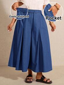 Elaquor Plus Size Solid Color Slant Pocket Elastic Waist Casual Traditional Denim Skorts Brunch Date Night Hiking Blue Autumn - Medium Wash - View 1