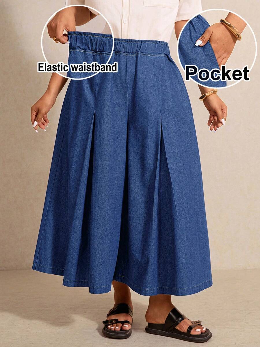 Elaquor Plus Size Solid Color Slant Pocket Elastic Waist Casual Traditional Denim Skorts Brunch Date Night Hiking Blue Autumn - Medium Wash - View 1