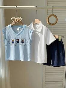 SHEIN 男童休闲校服三件套，包括背心、条纹衬衫和短裤，适合生日派对、晚宴、演出、婚礼、学校活动、洗礼、一周岁生日庆祝、迎婴派对等场合，春夏秋季皆宜。 - 彩色 - 查看 5