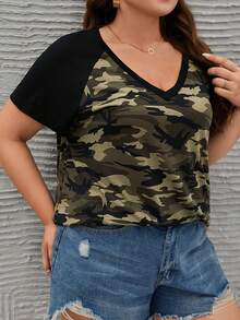 EMERY ROSE Plus Camo Print Contrast Raglan Sleeve Tee, Summer,Flower/Vacation/Spring - Multicolor - View 4