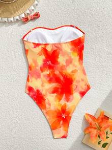 Swim Vcay Traje de baño de una pieza con tirantes finos, espalda descubierta y ajuste ceñido con estampado floral para vacaciones de verano en la playa de las mujeres - Multicolor - Ver 2