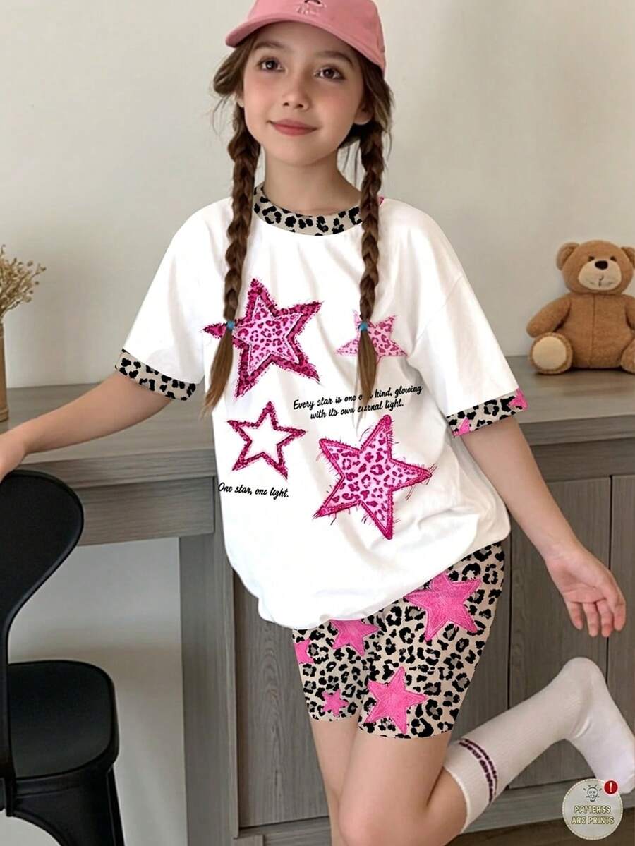 两件套少女休闲时尚豹纹星形图案短袖宽松T恤和紧身短裤,适合夏季、朋克摇滚、复古街头风格 - 彩色 - 查看 1