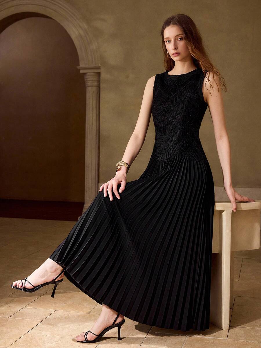 MOTF PREMIUM VESTIDO PLISSADO BORDADO RETALHOS EM LINHA A SEM MANGAS PARA MULHERES, PRIMAVERA/VERÃO - Preto - Visão 2