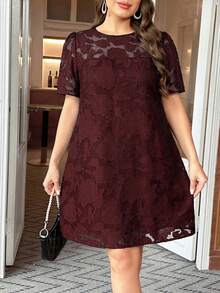 Reflora Plus Size Women Cutout Round Neck Puff Sleeve Loose Fit Dress - Burgundy - View 4