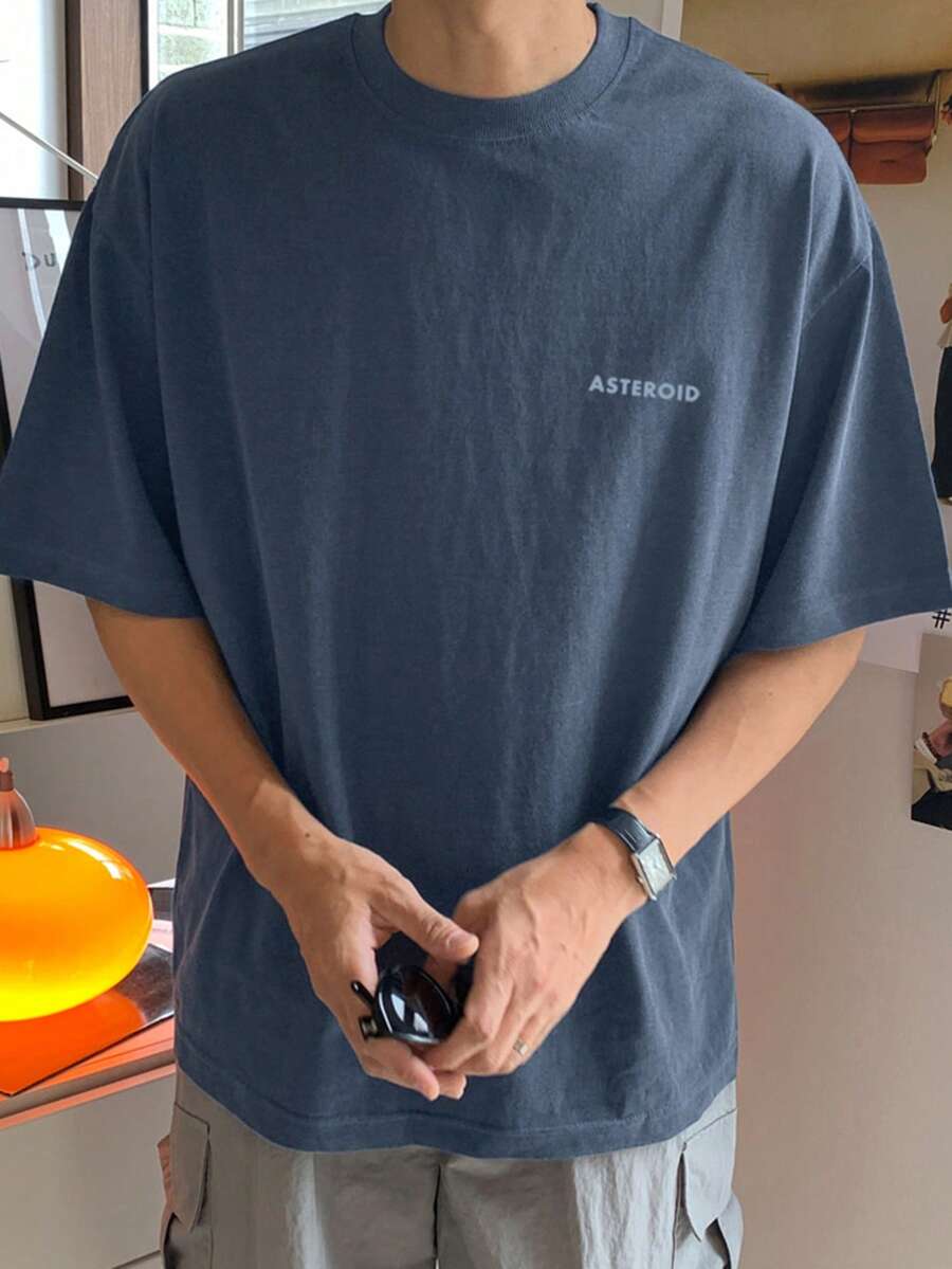 DAZY 男士圆领字母印花休闲百搭通勤短袖T恤 夏季 - 藏蓝色 - 查看 1