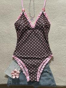 Swim Mod Young Girl's Special Fabric Pink Lace Halter One-Piece Swimsuit - Multicolor - View 6