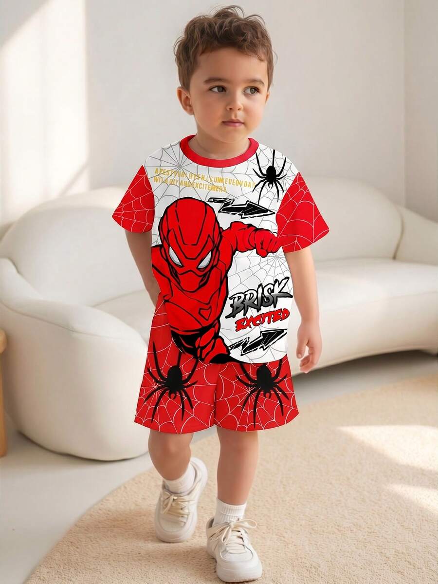 SHEIN Young Boy Casual Round Neck Short Sleeve Summer Fashion Printed Minimalist T-Shirt Set - Multicolor - View 1