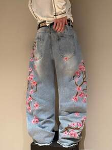 STEELVANCE Quần jeans ống rộng dáng suông thời trang đường phố nam, thêu hoa mai, đã qua xử lý giặt. - Rửa nhẹ - Xem 2