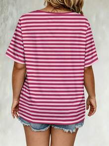 EMERY ROSE Plus Size Simple Striped Print Drawstring Short Sleeve T-Shirt, Summer - Multicolor - View 2