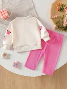 SHEIN 新生女宝宝休闲甜美3D立体花卉卫衣和粉色罗纹裤套装 - 粉色 - 查看 2