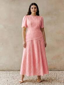 Anewsta Quality Elegant Floral Trim Round Neck Waist Cinched Short Sleeve Plus Size Women Dress - Pink - View 7