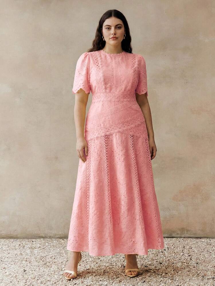 Quality Elegant Floral Trim Round Neck Waist Cinched Short Sleeve Plus Size Women Dress