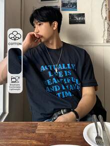DAZY Camiseta de tela negra con estampado de letras azules de unicolor para hombres, camiseta gráfica de verano - Azul - Ver 1