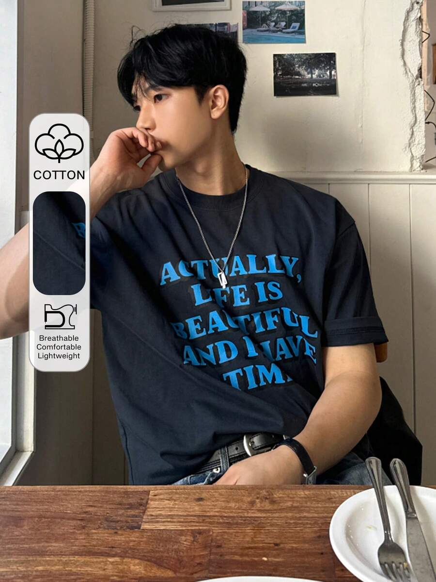DAZY Camiseta de tela negra con estampado de letras azules de unicolor para hombres, camiseta gráfica de verano - Azul - Ver 1