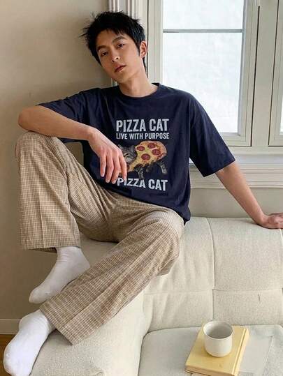 DAZY Conjunto de pijama de manga corta y pantalón largo para hombre de verano, con estampado de letras y multicolor