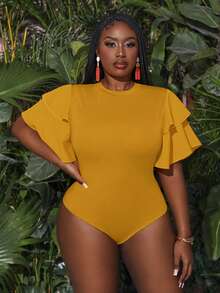 Slaydiva Plus Size Summer Holiday Multilayer Ruffle Sleeve Bodycon Bodysuit Bodysuits For Women Pluswhite Bodysuitplus Size Bodysuit - Mustard Yellow - View 1