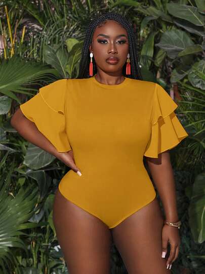 Slaydiva Plus Size Summer Holiday Multilayer Ruffle Sleeve Bodycon Bodysuit Bodysuits For Women Pluswhite Bodysuitplus Size Bodysuit