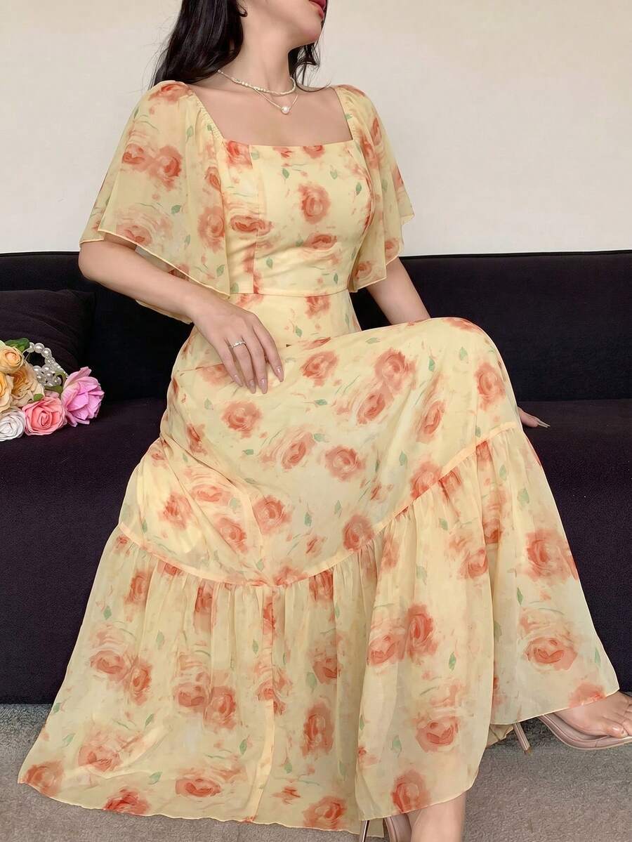 Modelyn 雪纺扎染印花方领收腰A字连衣裙 - 黃色 - 查看 1
