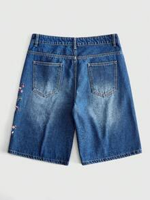 ROMWE MEN Women's Floral & Dragon Pattern Pocket Casual Denim Shorts - Blue - View 2